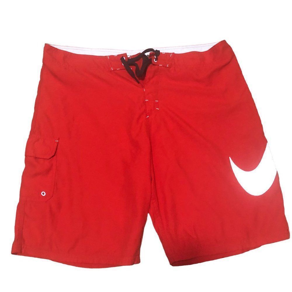 Nike 523274-657 Red/White  Swoosh Board Shorts Swim Trunks Men's Sz 38